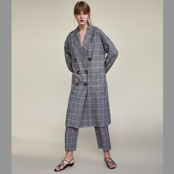 Zara Blue Plaid Coat Pant Set Small - Picture 3 of 3